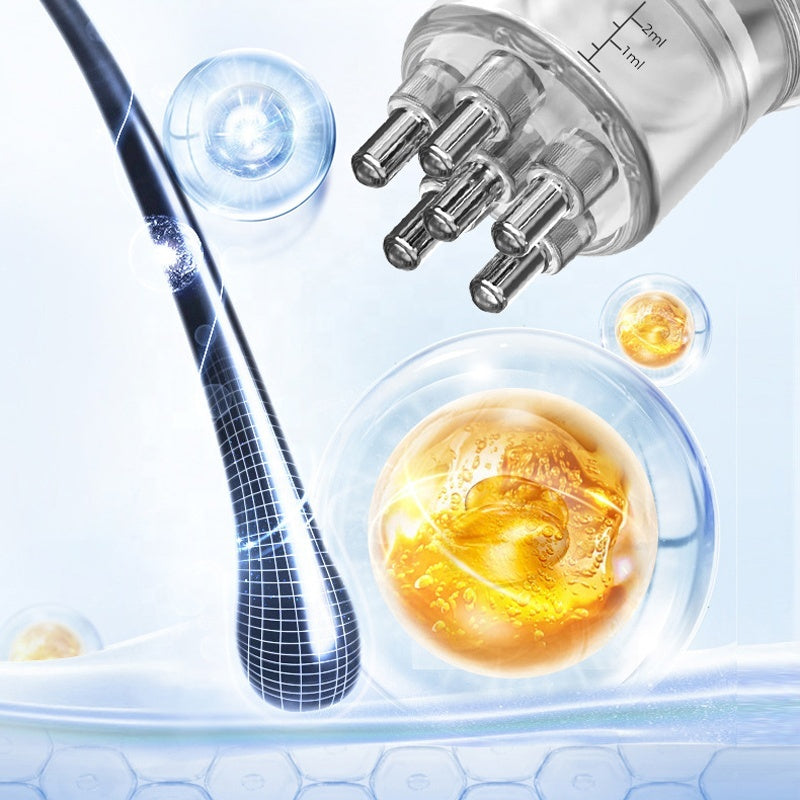 Scalp serum application concept illustration showing multiple roller balls, liquid droplets and a hair follicle