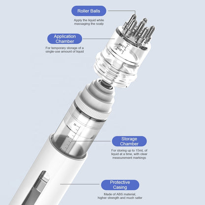 Scalp applicator structure showing roller balls, application chamber and marked 15mL storage chamber