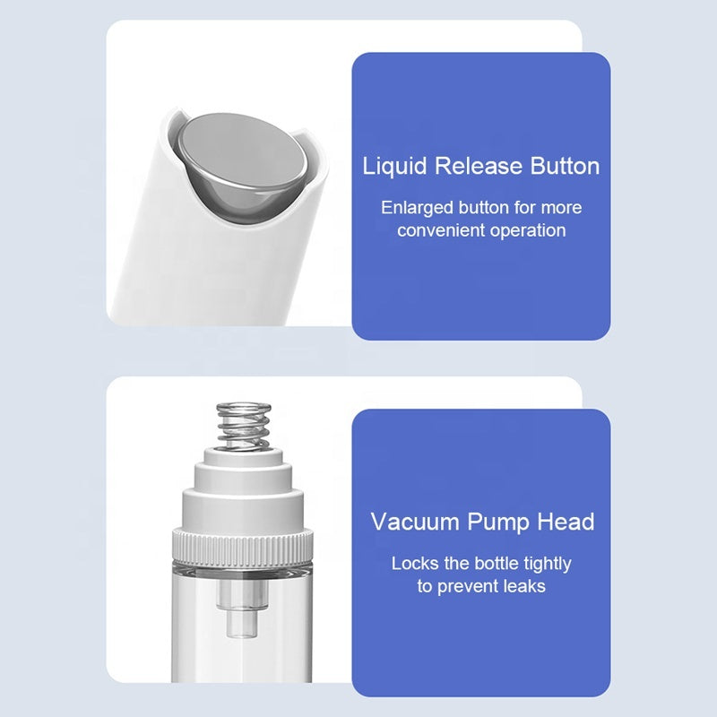 Close-up details of the scalp serum applicator liquid release button and vacuum pump head