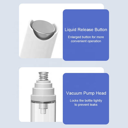Close-up details of the scalp serum applicator liquid release button and vacuum pump head