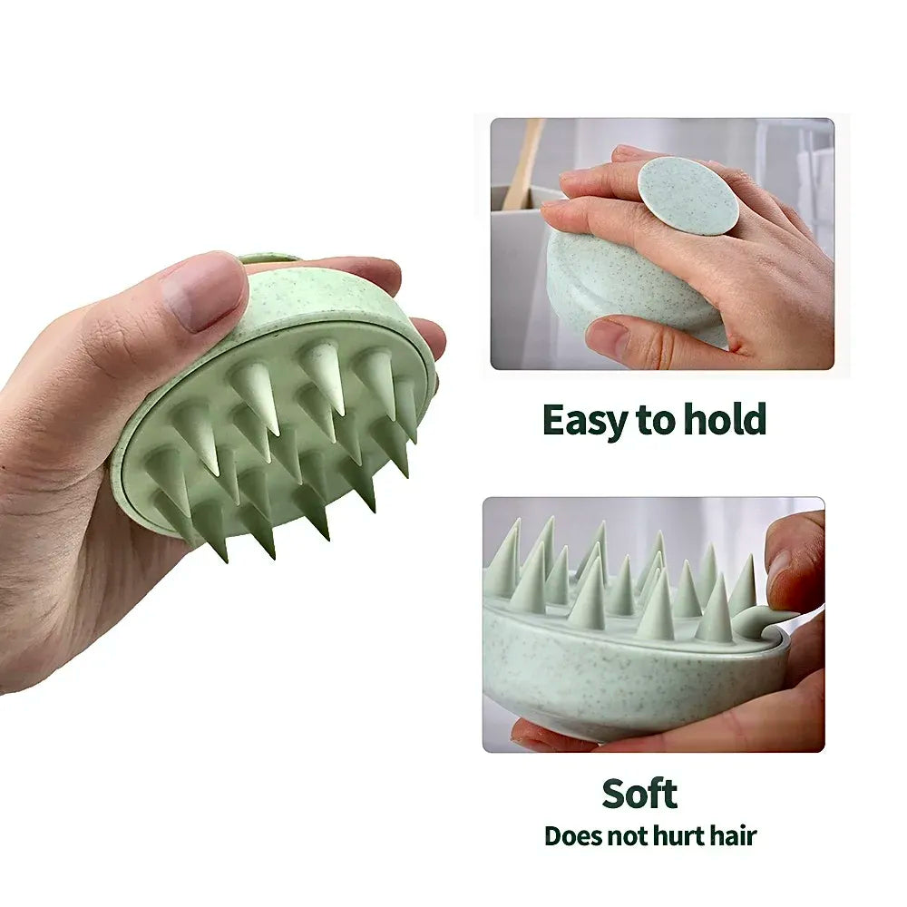 Hand holding a round scalp shampoo brush, showing its small top grip and flexible silicone massage teeth