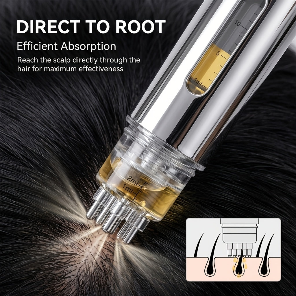 Illustration of a roller-ball scalp serum applicator delivering liquid directly to parted hair at the scalp