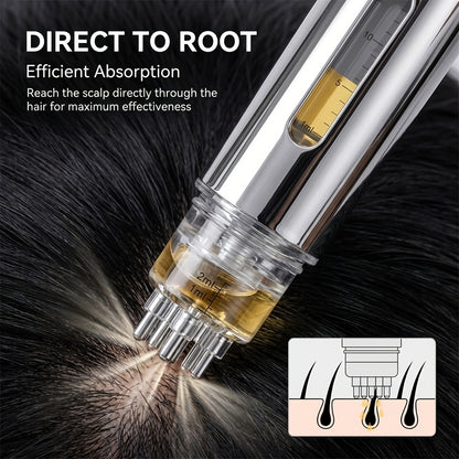 Illustration of a roller-ball scalp serum applicator delivering liquid directly to parted hair at the scalp